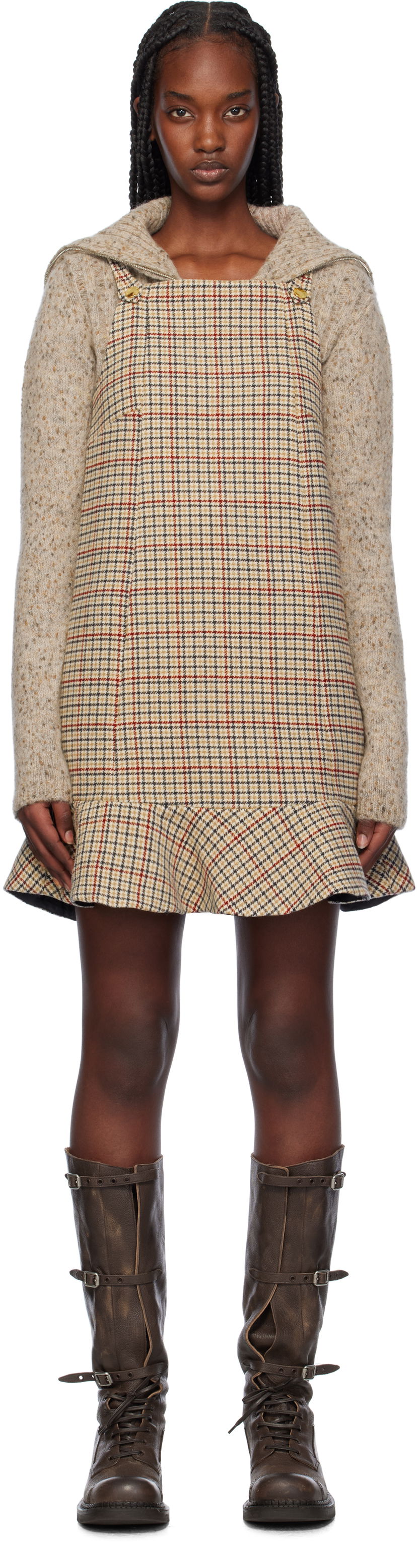 Haljina GANNI Check Print Ruffle Hem Mini Dress Bež | F9695