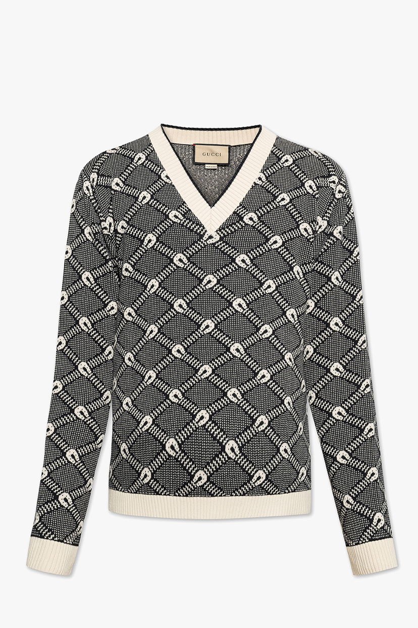 Džemper Gucci Slim-Fit Patterned Sweater Black White Siva | 703112-XKCCW-1289