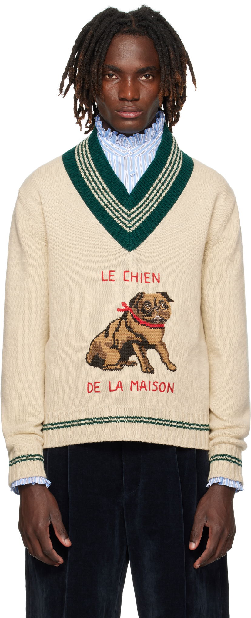Džemper Valentino Valentino 'Le Chien De La Maison' Jacquard Wool V-Neck Sweater Bež | 7V3KC35EB2M