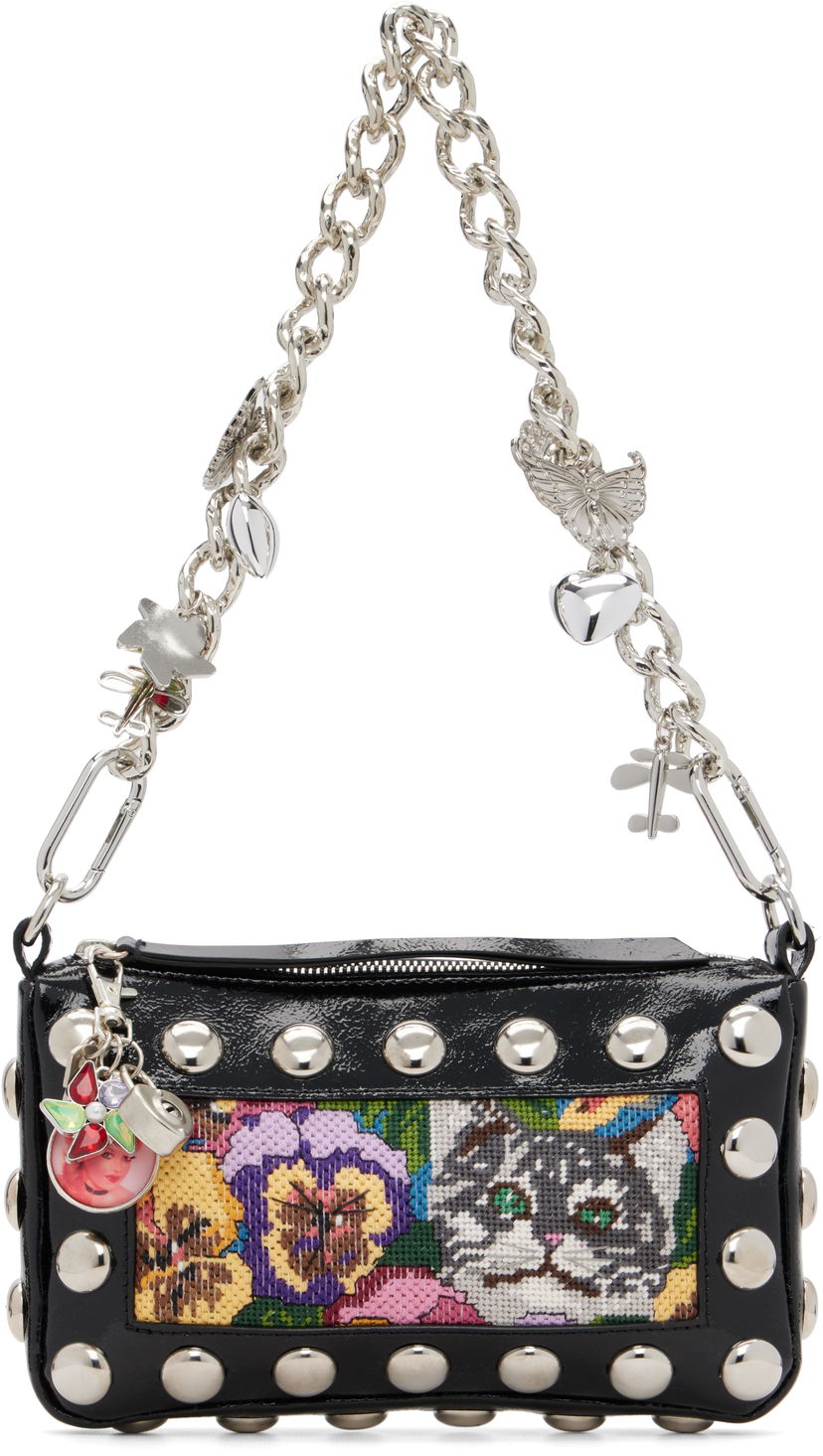 Ručna torbica Chopova Lowena Fillie Studded Chain Charm Embroidered Pouch Bag Crna | 6453