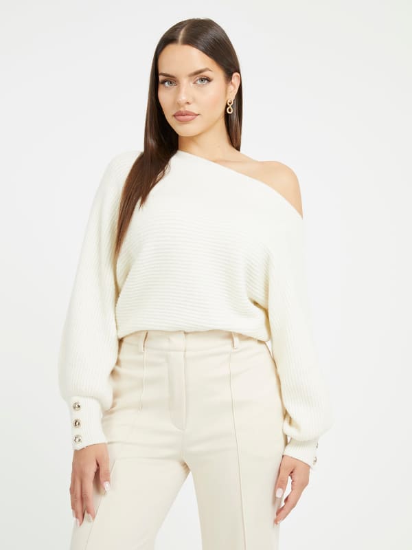 Majica kratkih rukava GUESS Off-Shoulder Wool Blend Bijela | W3BR13Z2QA0, 0