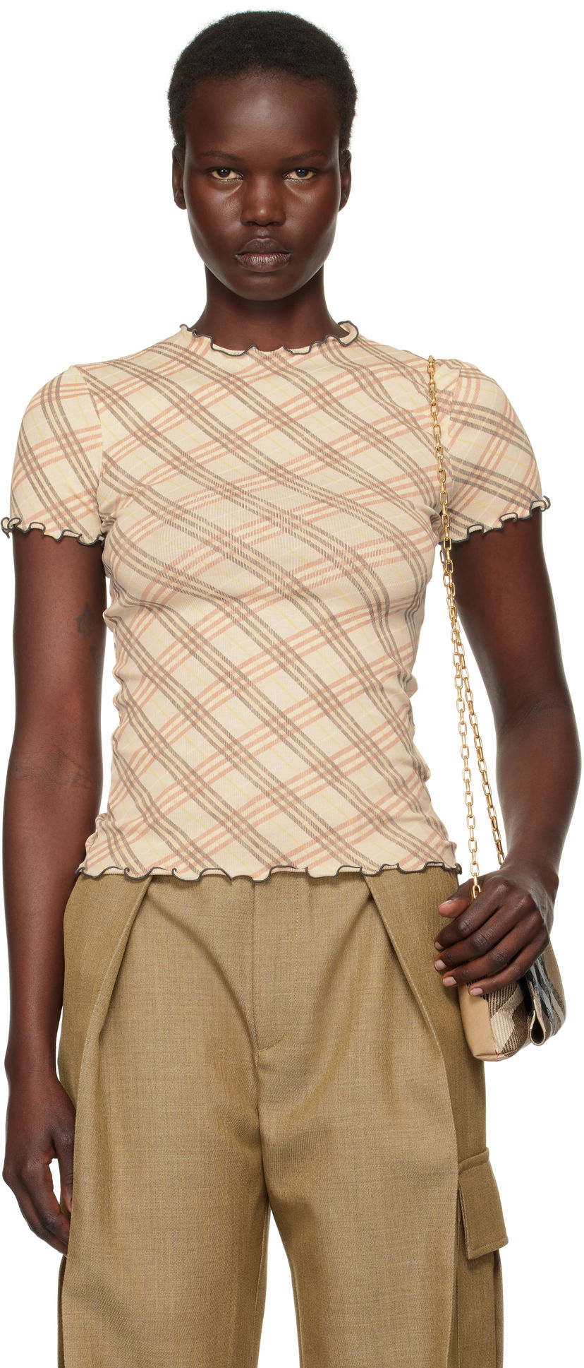 Majica kratkih rukava Burberry Check Stretch Cotton T-Shirt Bež | 8101025
