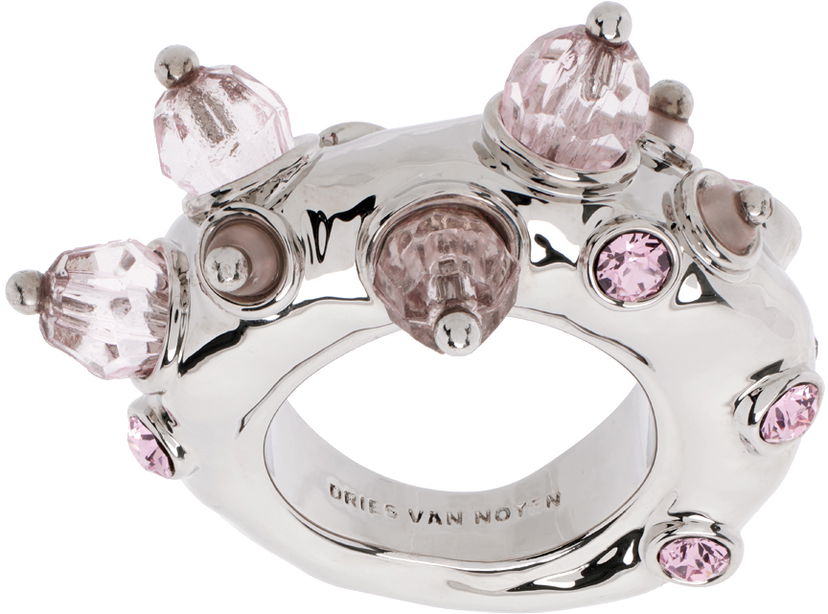 Prsten Dries Van Noten Silver & Pink Beaded Ring Siva | 242-018231-055