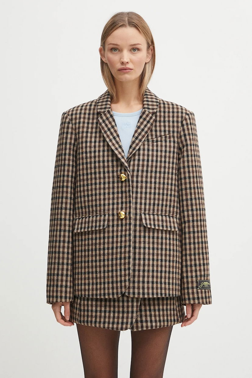 Jakna GANNI GANNI Check Wool Mix Oversized Blazer Smeđa | W0426