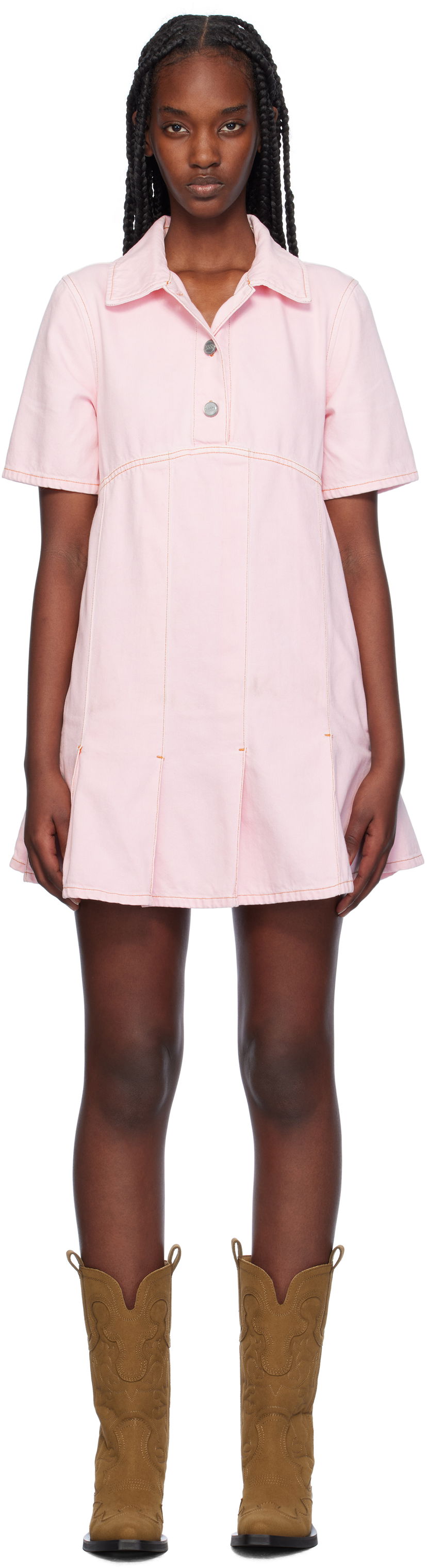 Haljina GANNI Pleated Denim Minidress Ružičasta | J1582
