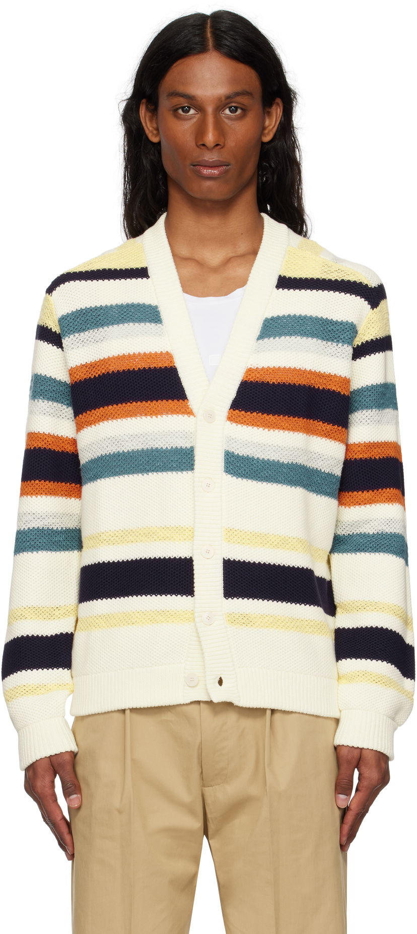 Džemper MAISON KITSUNÉ Maison Kitsuné Comfort Striped Knit Cardigan Bijela | OM00506KT1129