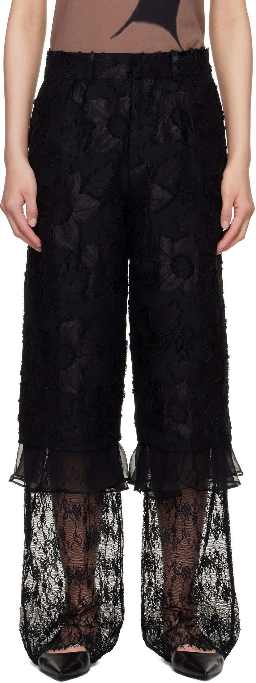 Hlače Collina Strada Collina Strada Geranium Lace-Trim Trousers Crna | XX6047