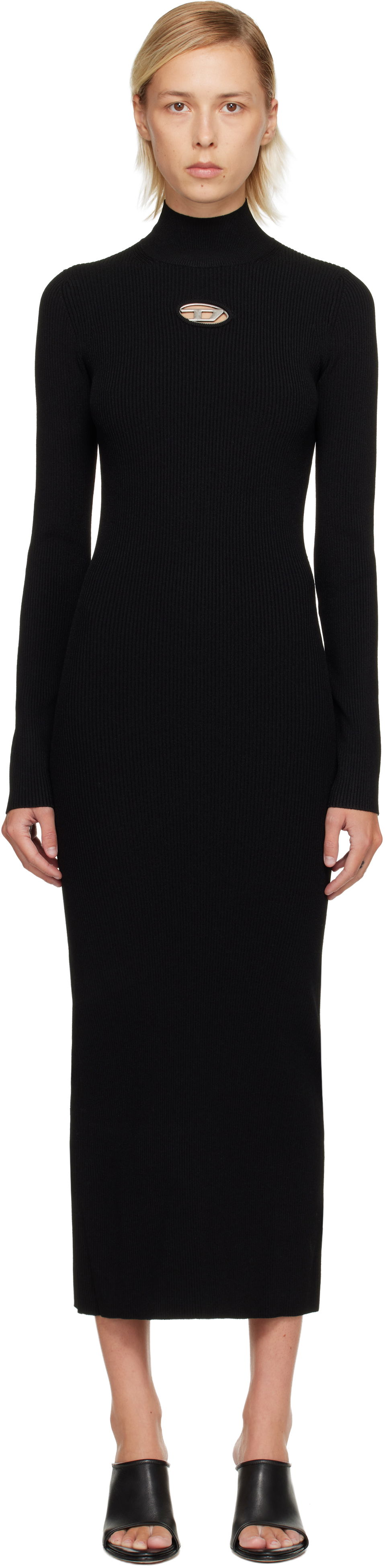 Haljina Diesel Ribbed knit long-sleeve mock neck maxi dress with metallic cut-out Crna | A14186 0DLAX, 0