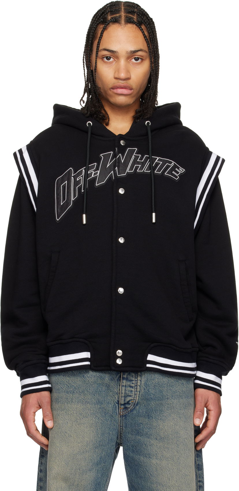 Dukserice Off-White Fleece Varsity Bomber Jacket with Hood Crna | OMEK003S25JER0021040