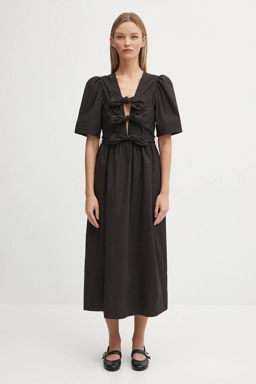 Haljina GANNI GANNI Stretch Cotton Tie Strap Midi Dress Crna | W0842