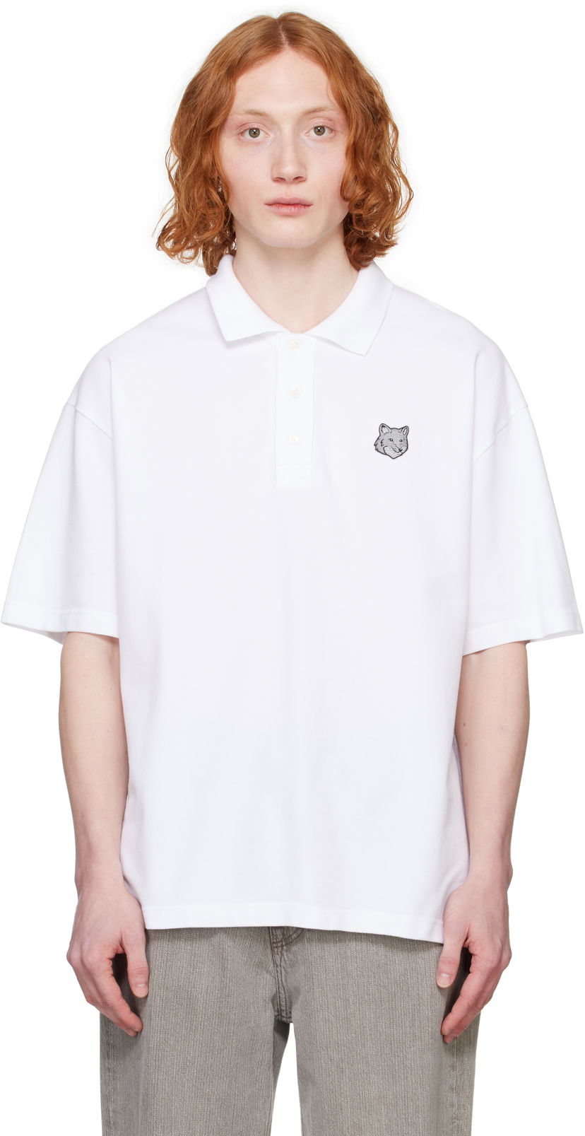 Polo majica MAISON KITSUNÉ Maison Kitsuné Fox Head Patch Oversize Polo Bijela | OM00213KJ7010