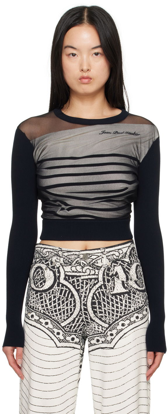 Džemper Jean Paul Gaultier Gaultier 'The Marinière' Striped Mesh Top Crna | 24/25-F-PL047B-M064-590100