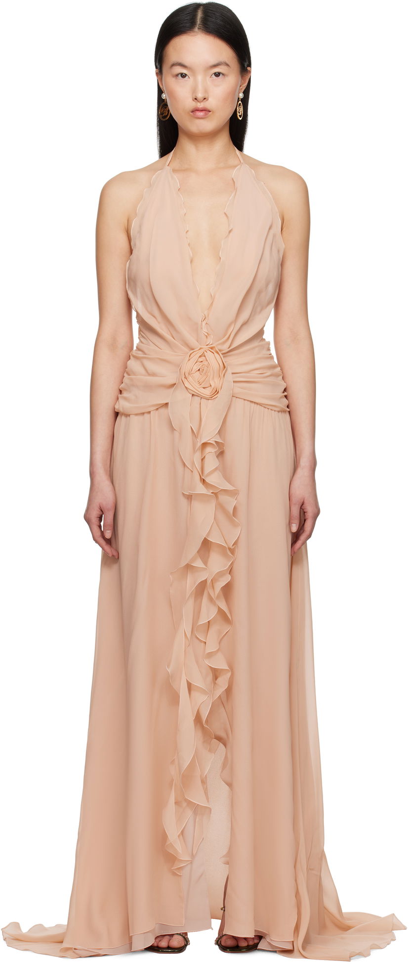 Haljina Blumarine Blumarine Georgette Maxi Dress with Ruffle Detail Bež | P522A568A