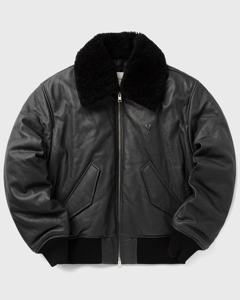 Bomber jakna AMI Leather Bomber Jacket with Shearling Collar Crna | HJK857.LH0044-020