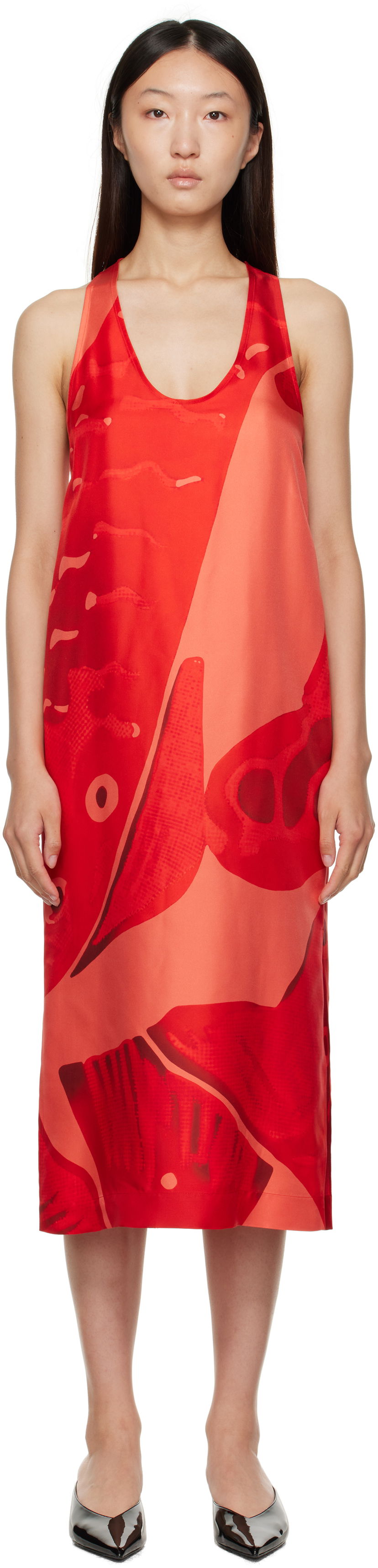 Haljina FERRAGAMO Ferragamo Fish Print Silk Maxi Dress Crvena | 783737