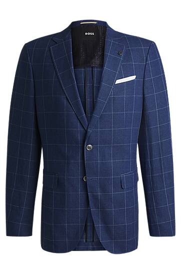 Jakna BOSS BOSS Slim-Fit Checked Linen-Blend Jacket Plava | 50540502