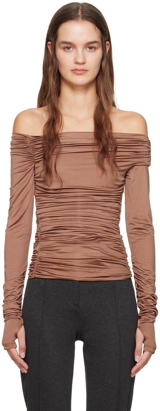 Majica kratkih rukava Helmut Lang Ruched Long Sleeve Top Smeđa | N10HW513