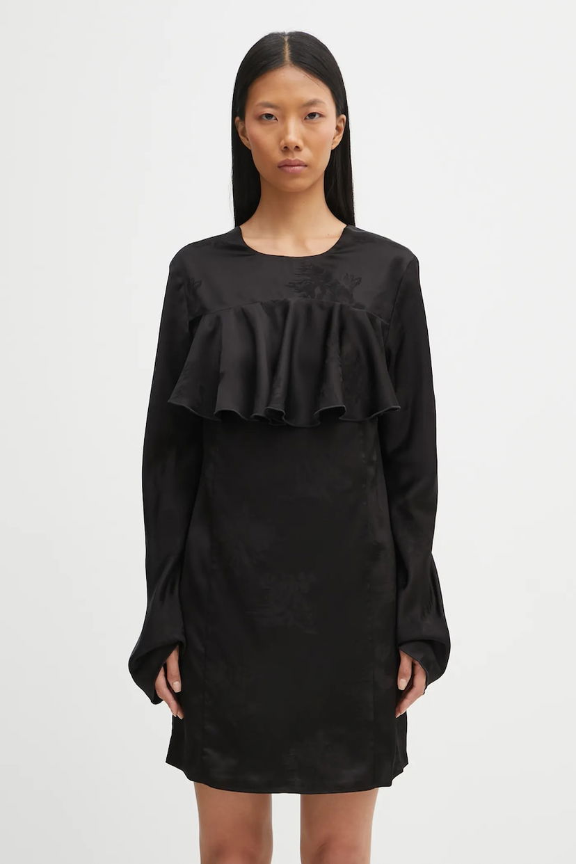 Haljina GANNI Fluid Satin Jacquard Mini Ruffle Mini Dress Crna | W0792