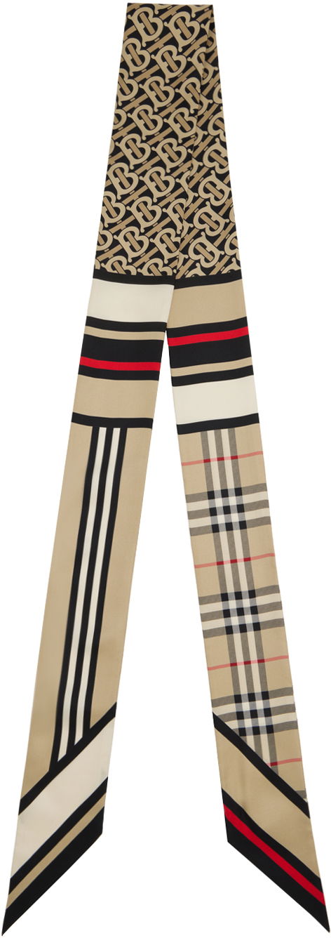 Šal Burberry Skinny Montage Silk Scarf Bež | 8037017