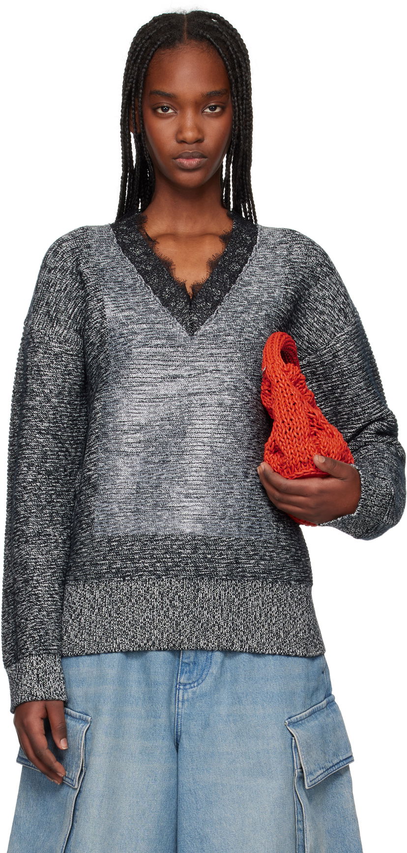 Džemper JW Anderson JW Anderson V-Neck Lace Trim Sweater Siva | KW1400-YN0402