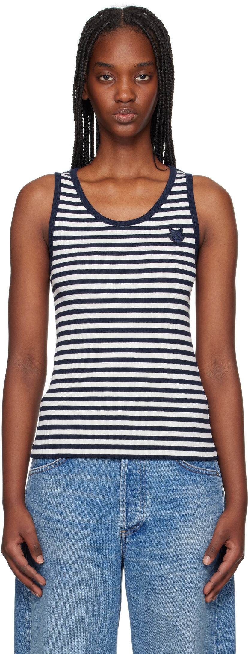Majica bez rukava MAISON KITSUNÉ Maison Kitsuné Fox Patch Striped Ribbed Tank Top Bijela | OW00609KA0028