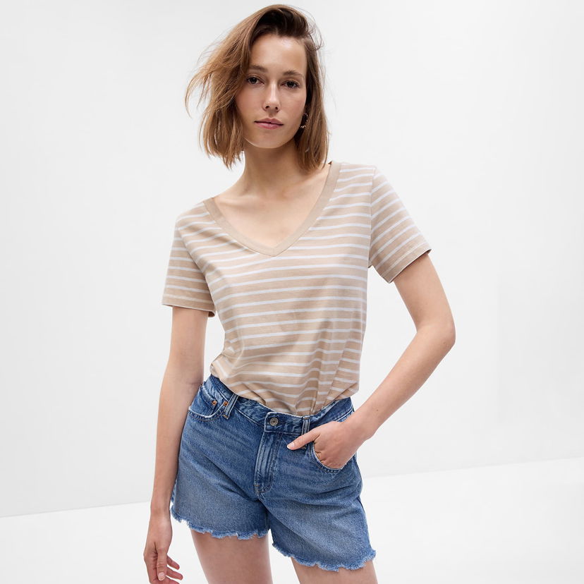 Majica kratkih rukava GAP Basic V-Neck Tee Beige Stripe Bež | 740140-58