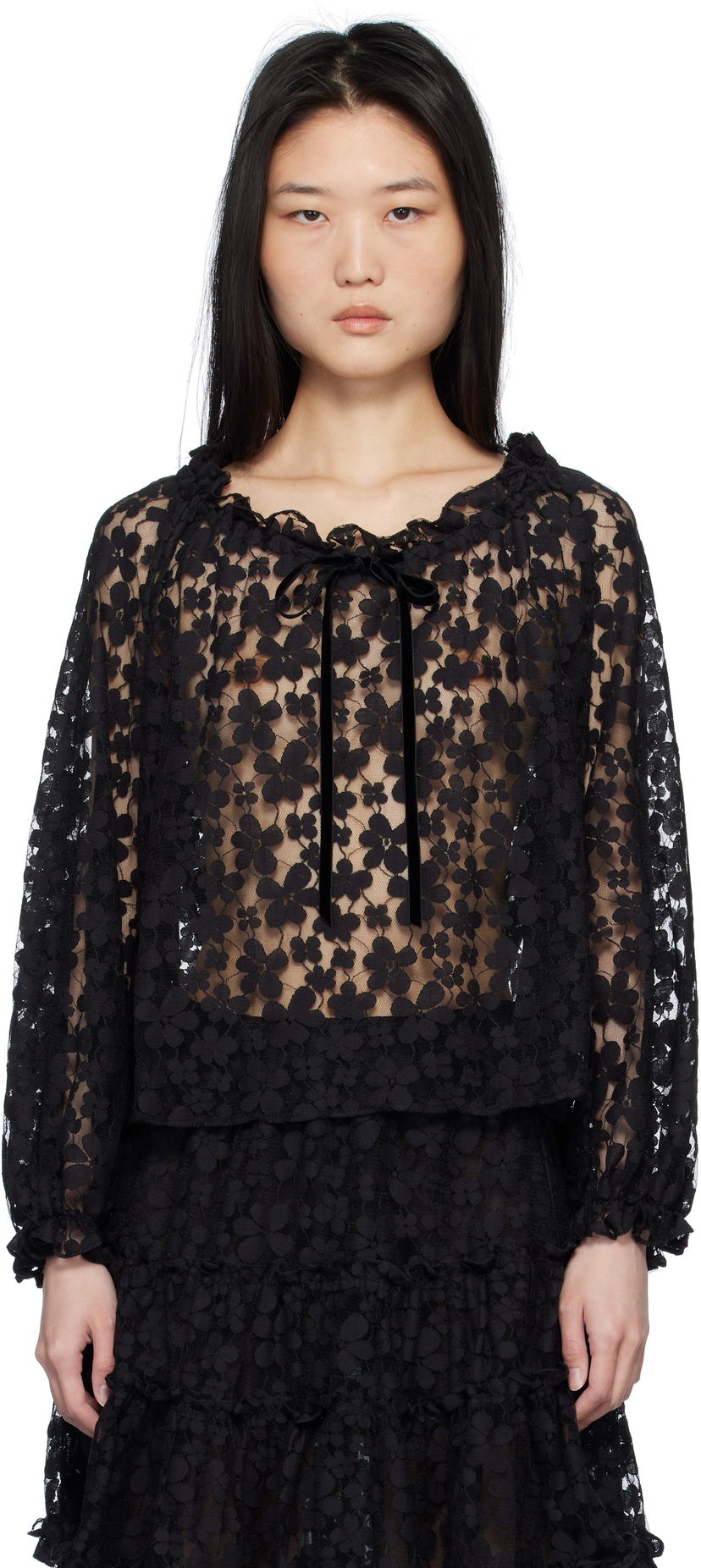 Majica kratkih rukava Anna Sui Shadow Blossom Elastic Lace Blouse Crna | 1025M20