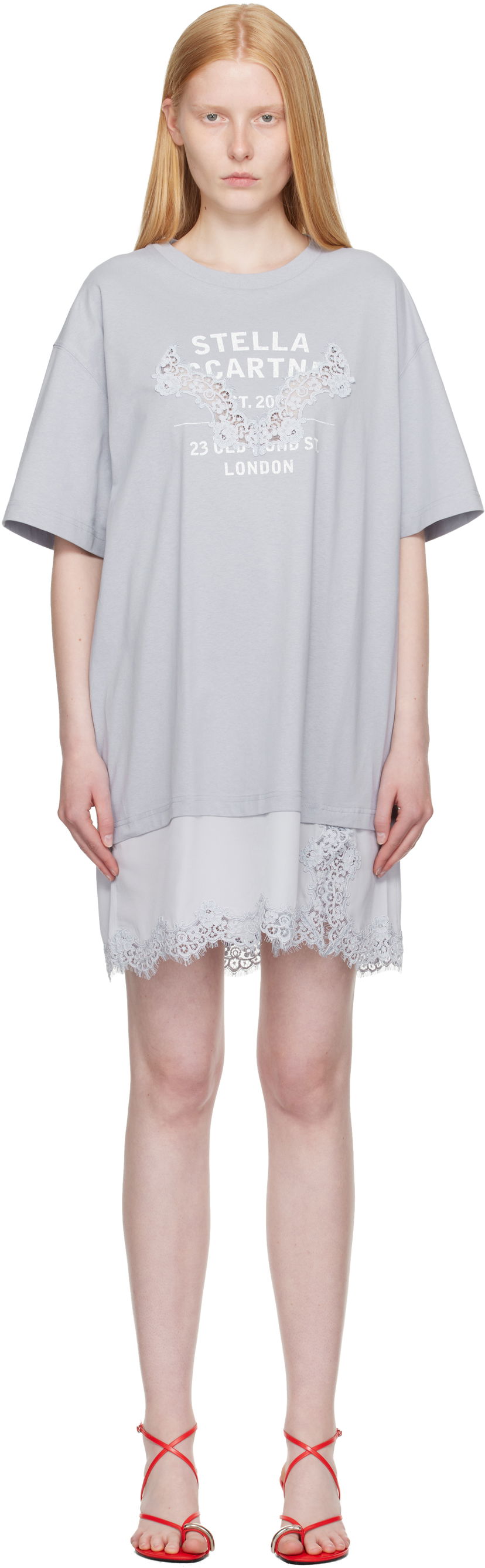 Haljina Stella McCartney Stella McCartney Lace-Insert Graphic T-Shirt Minidress Siva | 6J04063SPZ99