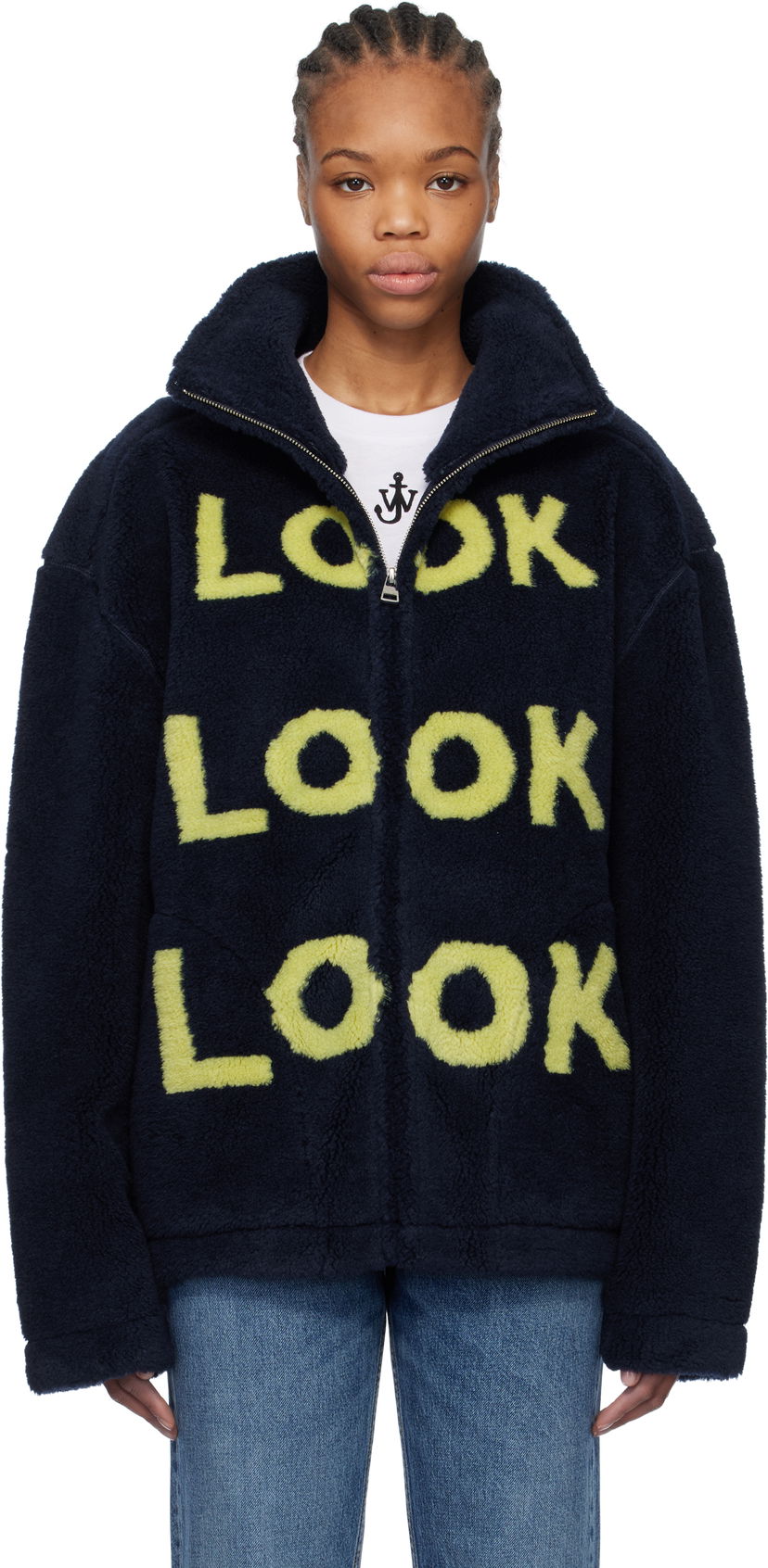 Bomber jakna JW Anderson JW Anderson 'Look Look Look' Fleece Zip-Up Jacket Tamnoplava | JK0375-PG1711