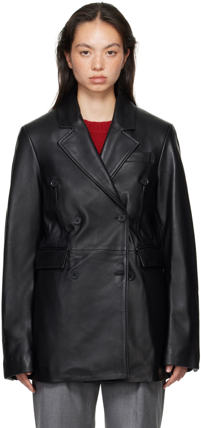 Jakna Loulou de Saison Loulou de Saison Benetra Double-Breasted Leather Blazer Crna | BENETRA