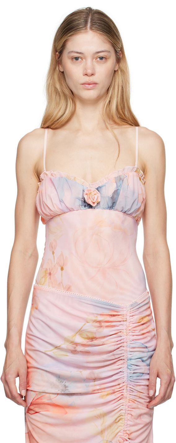Body GUIZIO GUIZIO Adelpha Floral-Print Ruched Bodysuit Ružičasta | P24D02K067