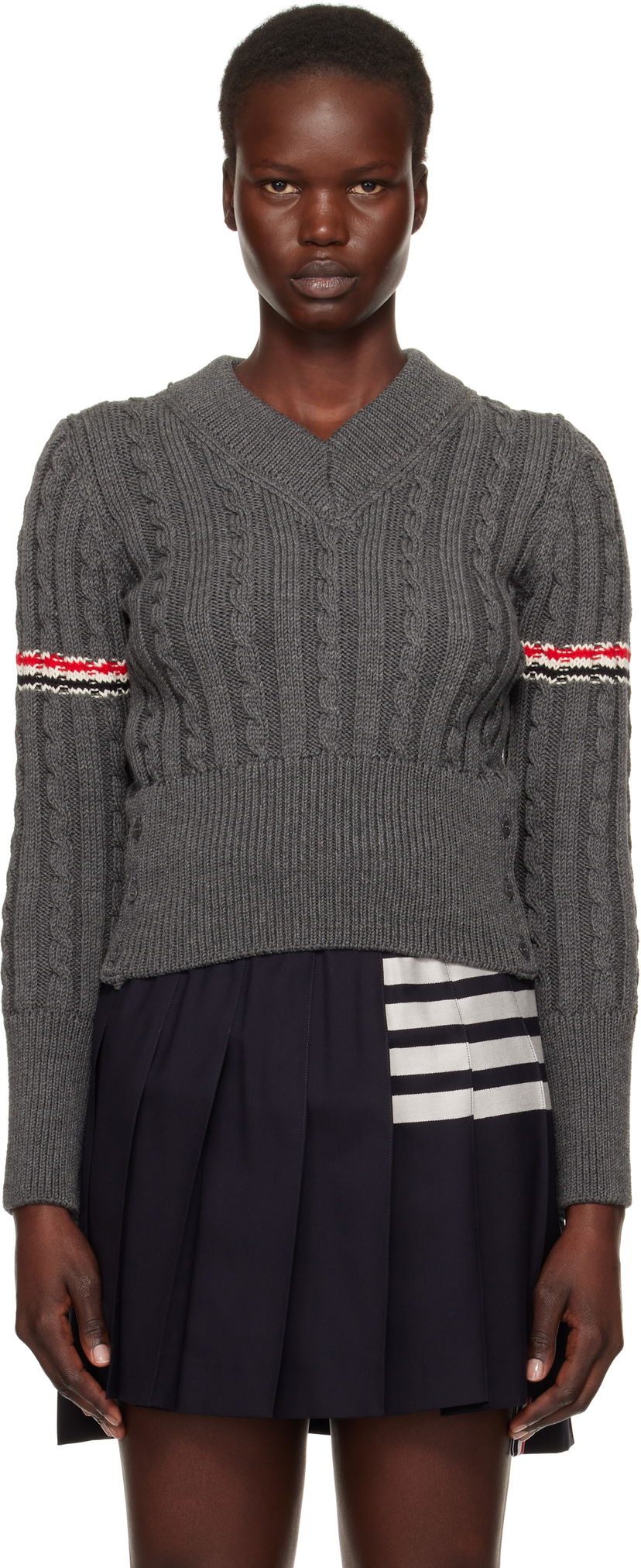 Džemper Thom Browne Classic Cable V-Neck Wool Sweater Plava | FKA479A-Y1024