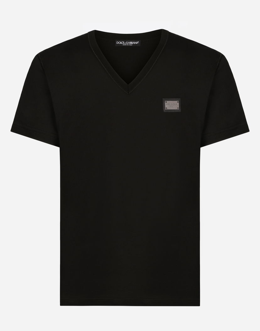 Majica kratkih rukava Dolce & Gabbana Cotton V-neck T-shirt With Branded Tag Crna | G8PT2TG7F2IN0000