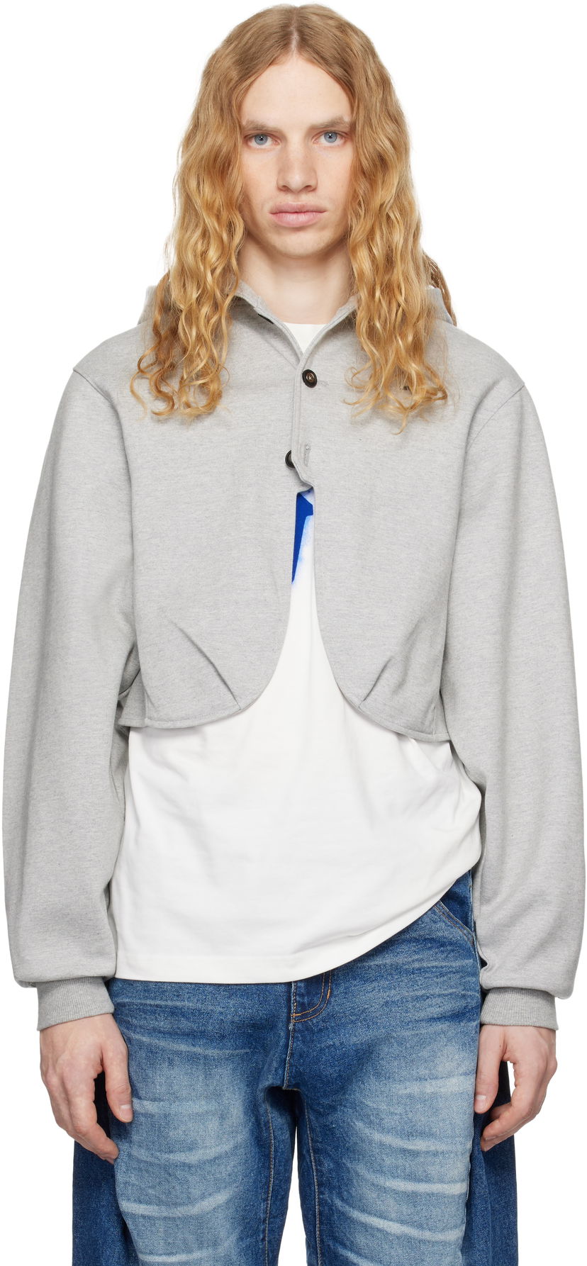 Dukserice ADER ERROR Cropped Button Hoodie Siva | BN01FWHD0401GR
