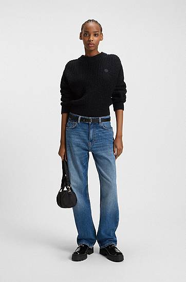 Džemper BOSS Relaxed-fit knitted sweater with Happy HUGO badge Crna | 50548138, 1