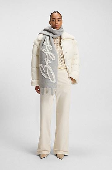 Šal BOSS Wool-blend Scarf with Script Logo and Fringes Siva | 50558654, 1