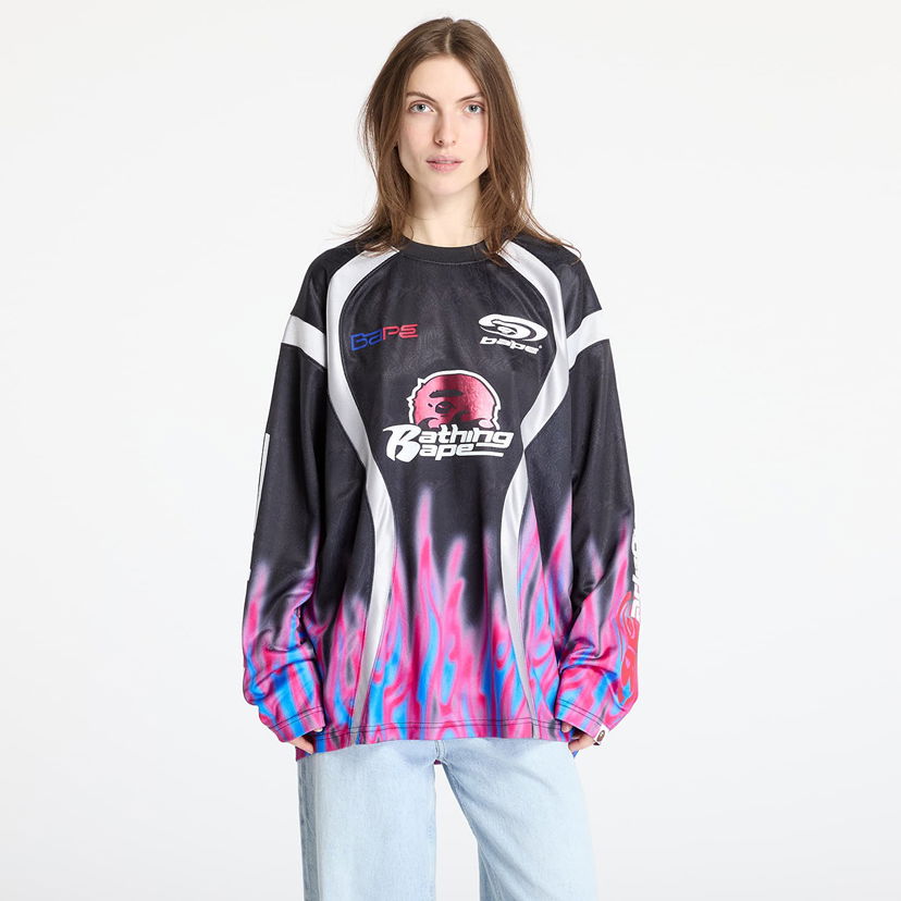 Dres BAPE A BATHING APE Flame Pattern Relaxed Fit Football Jersey Crna | 001LTL301310MBLK