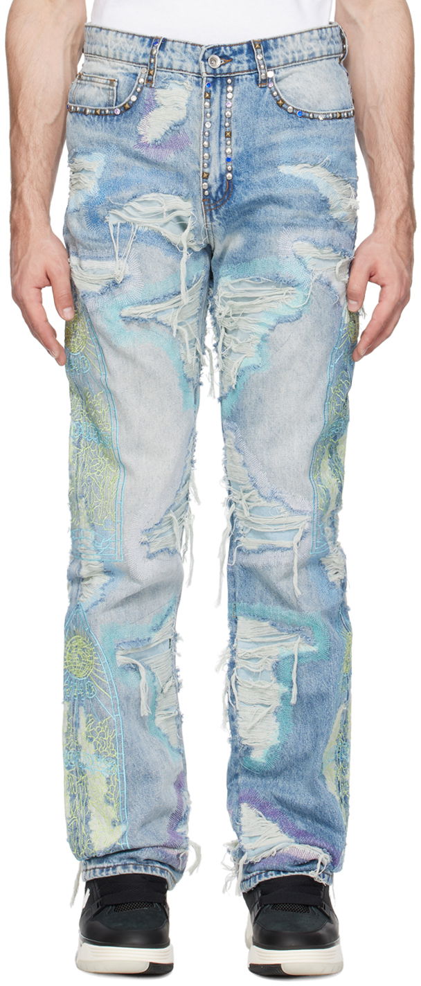 Jeans Who Decides War Embroidered Distressed Studded Washed-Effect Jeans Višebojno | 1120830030SS24