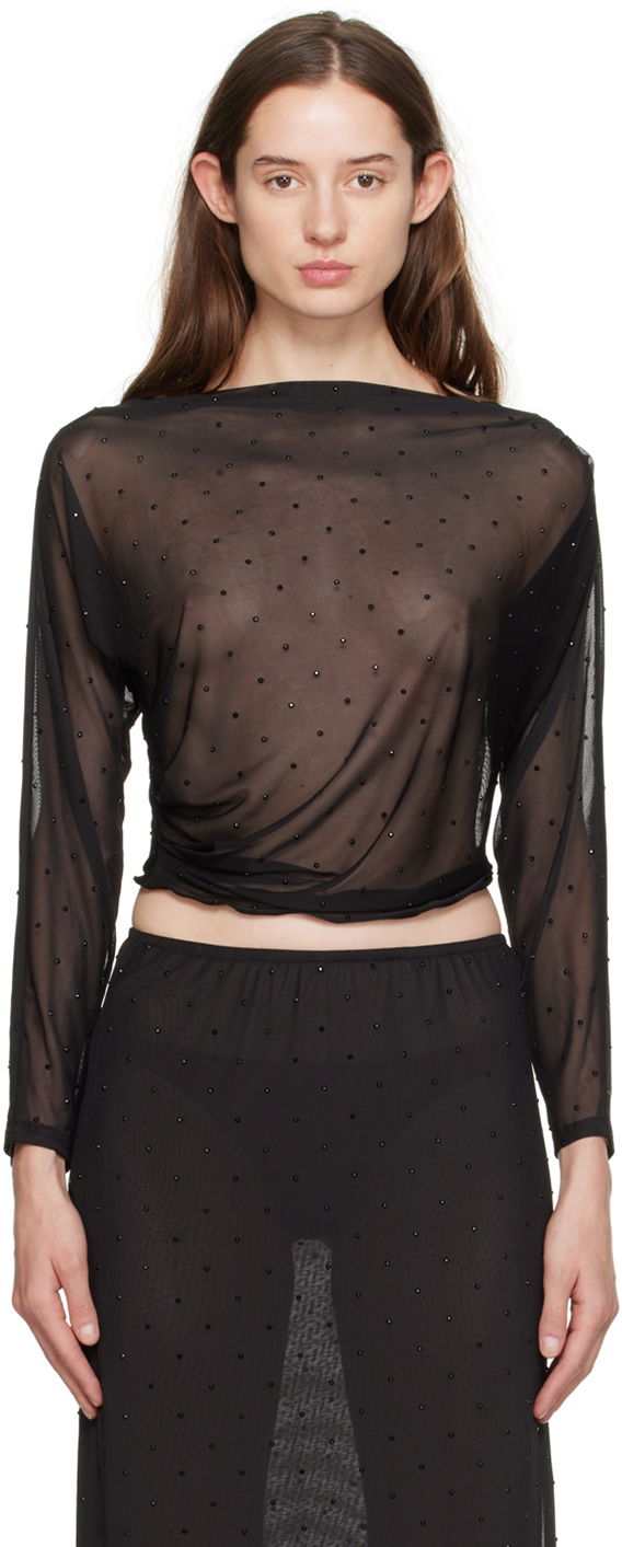 Crop top Anna Sui Anna Sui Rhinestone Mesh Long Sleeve Top Crna | 1024F22
