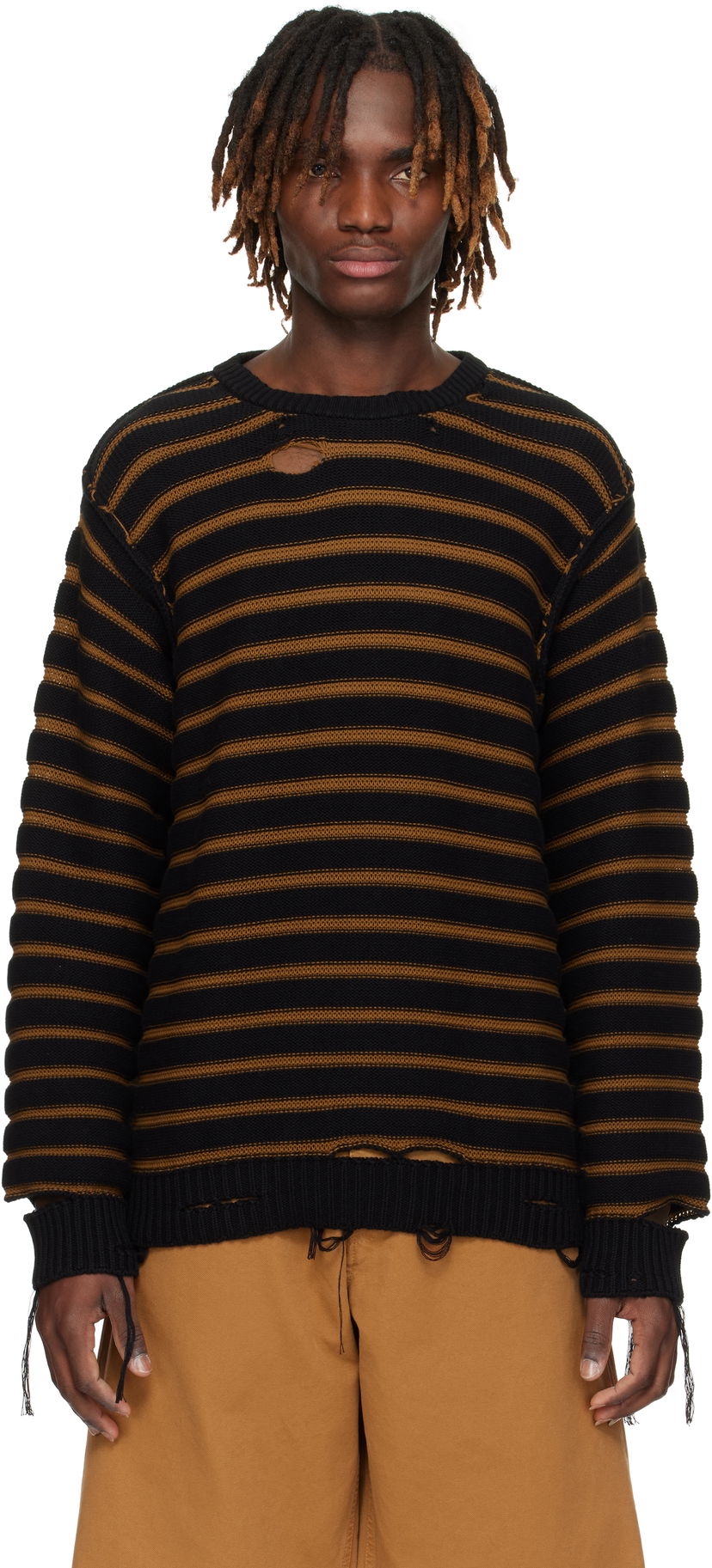Džemper Maison Margiela MM6 Maison Margiela Striped Distressed Cotton Knit Sweater Crna | SH0HL0022 M13080
