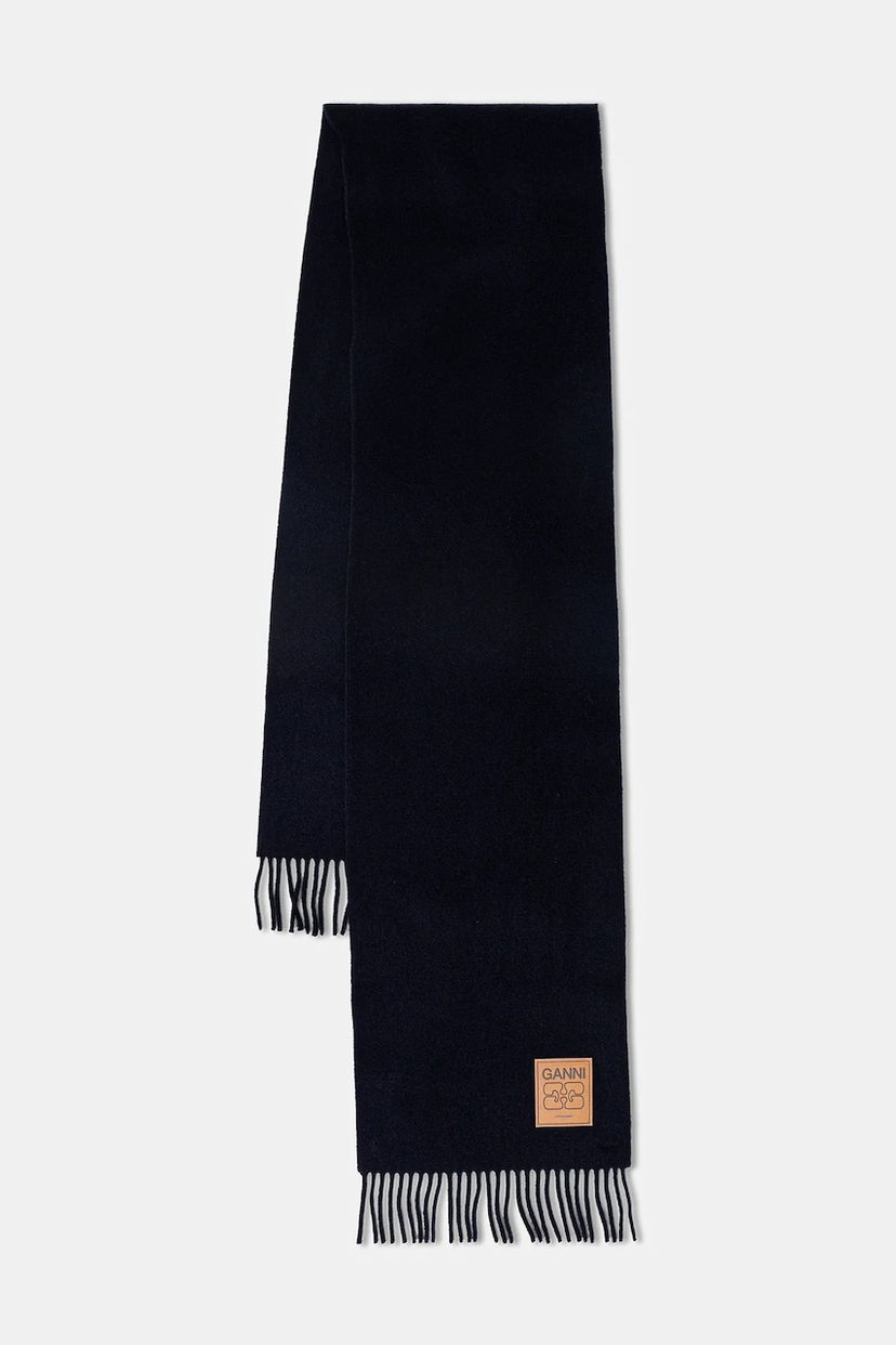 Šal GANNI Double Face Wool Solid Fringed Scarf Tamnoplava | A6931