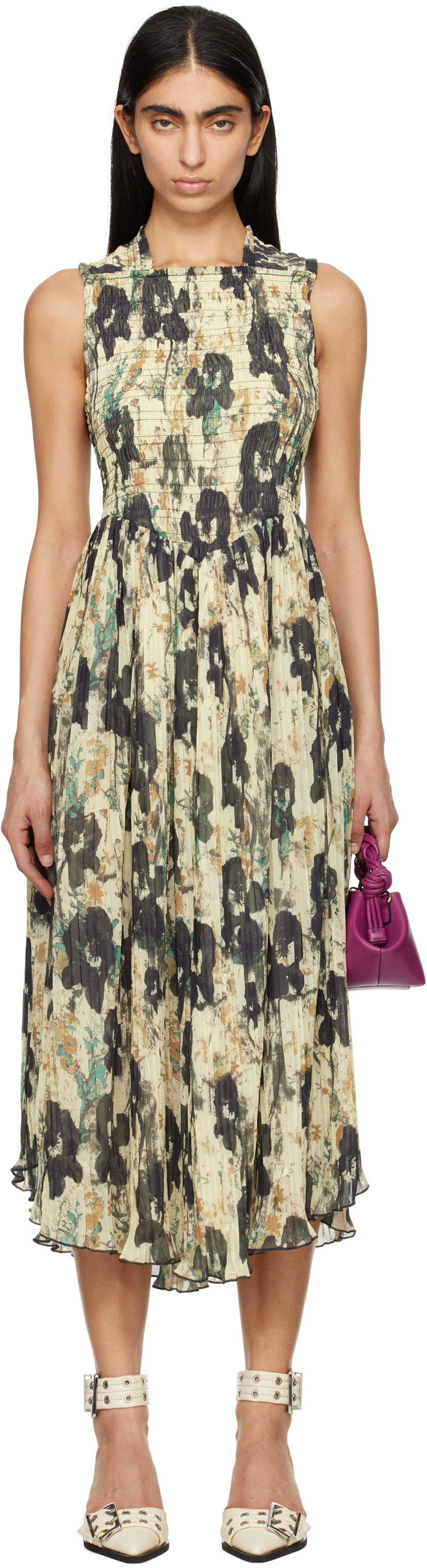Haljina GANNI GANNI Printed Smocked Pleated Midi Dress Bež | W0209