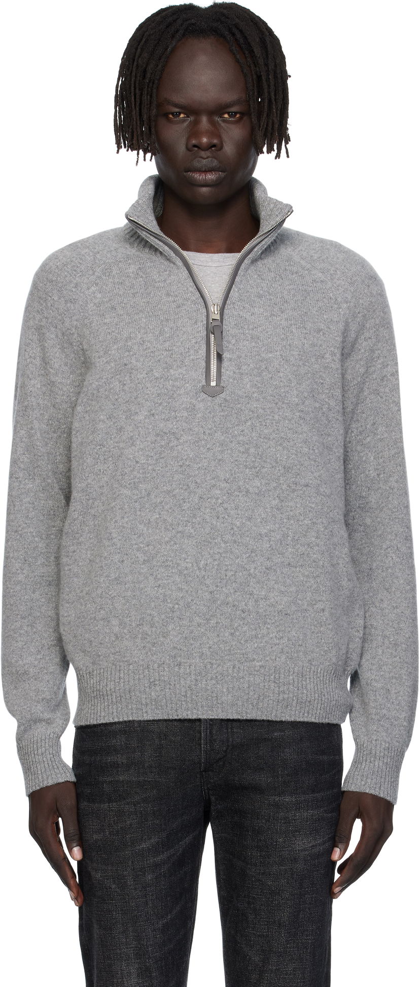Džemper Tom Ford TOM FORD Lambswool & Cashmere Half-Zip Sweater Siva | KFL004-YMW106