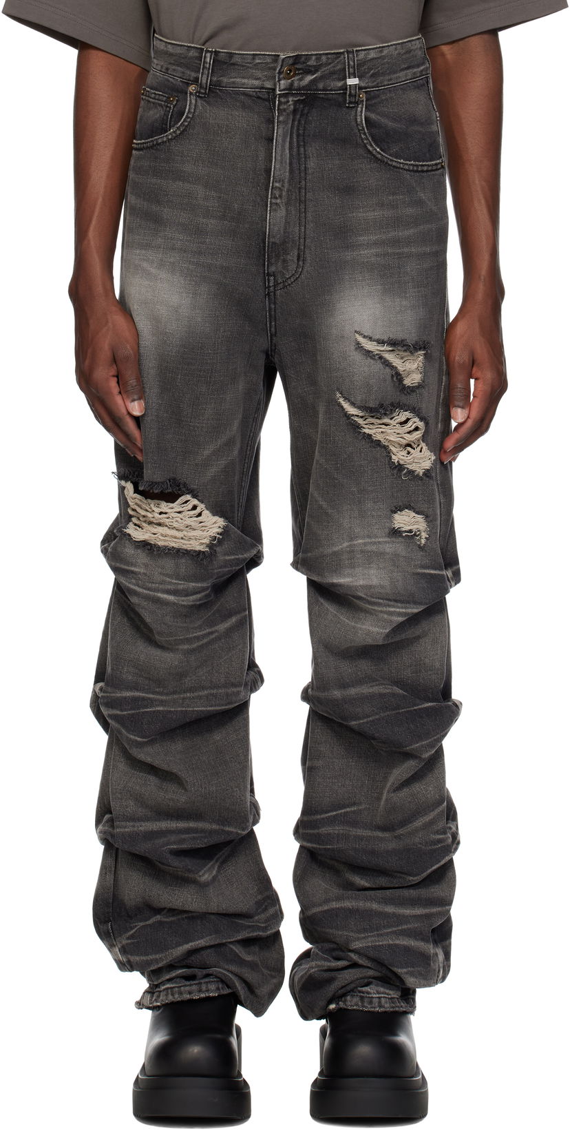 Jeans We11done We11done Distressed Wrinkled Straight Leg Jeans Siva | WD-DP0-25-319-M-BK