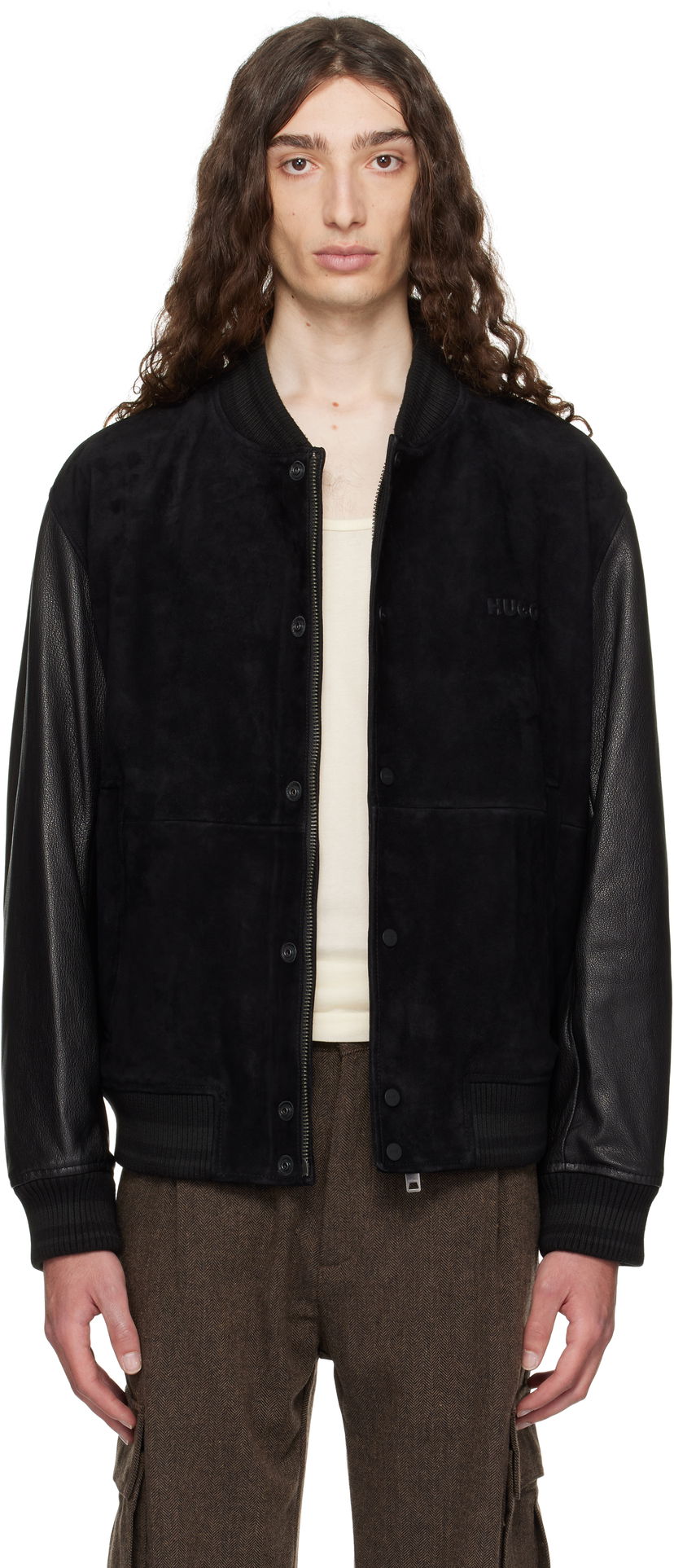 Bomber jakna BOSS Hugo Embossed-Logo Suede & Leather Bomber Jacket Crna | 50541881