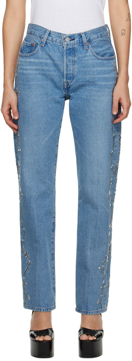 Jeans Anna Sui Exclusive Embroidered Straight Leg Jeans Plava | 0123F40