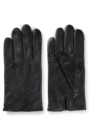 Rukavice BOSS Touchscreen-Friendly Leather Gloves with Metallic Logo Lettering Crna | 50526681
