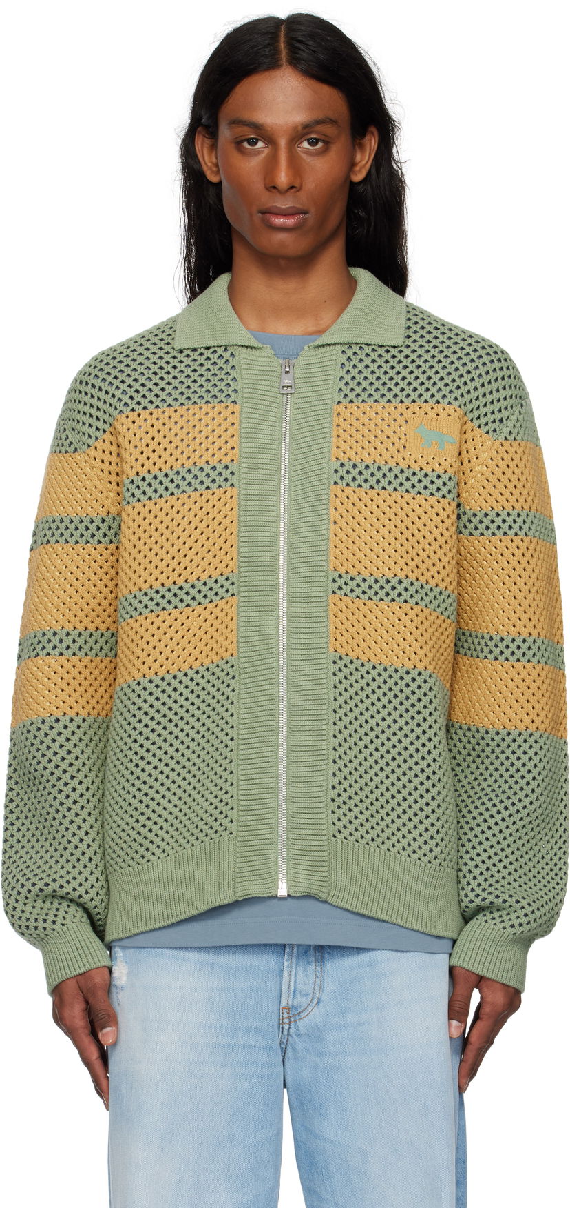 Jakna MAISON KITSUNÉ Maison Kitsuné Striped Mesh Blouson Jacket Zelena | OM02136KT1125