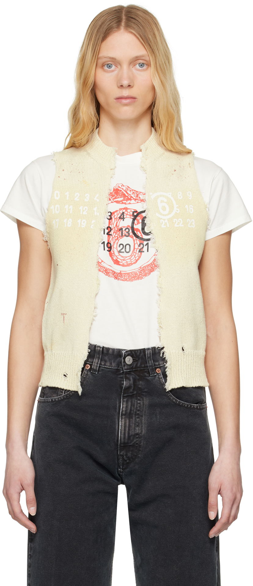 Džemper Maison Margiela MM6 Maison Margiela Open Cut Printed Vest Bež | S62FB0075 M13123