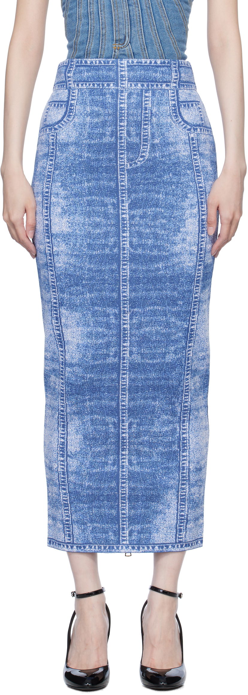 Suknja Balmain Denim Effect Knit Midi Skirt Plava | EF1LD475KH80